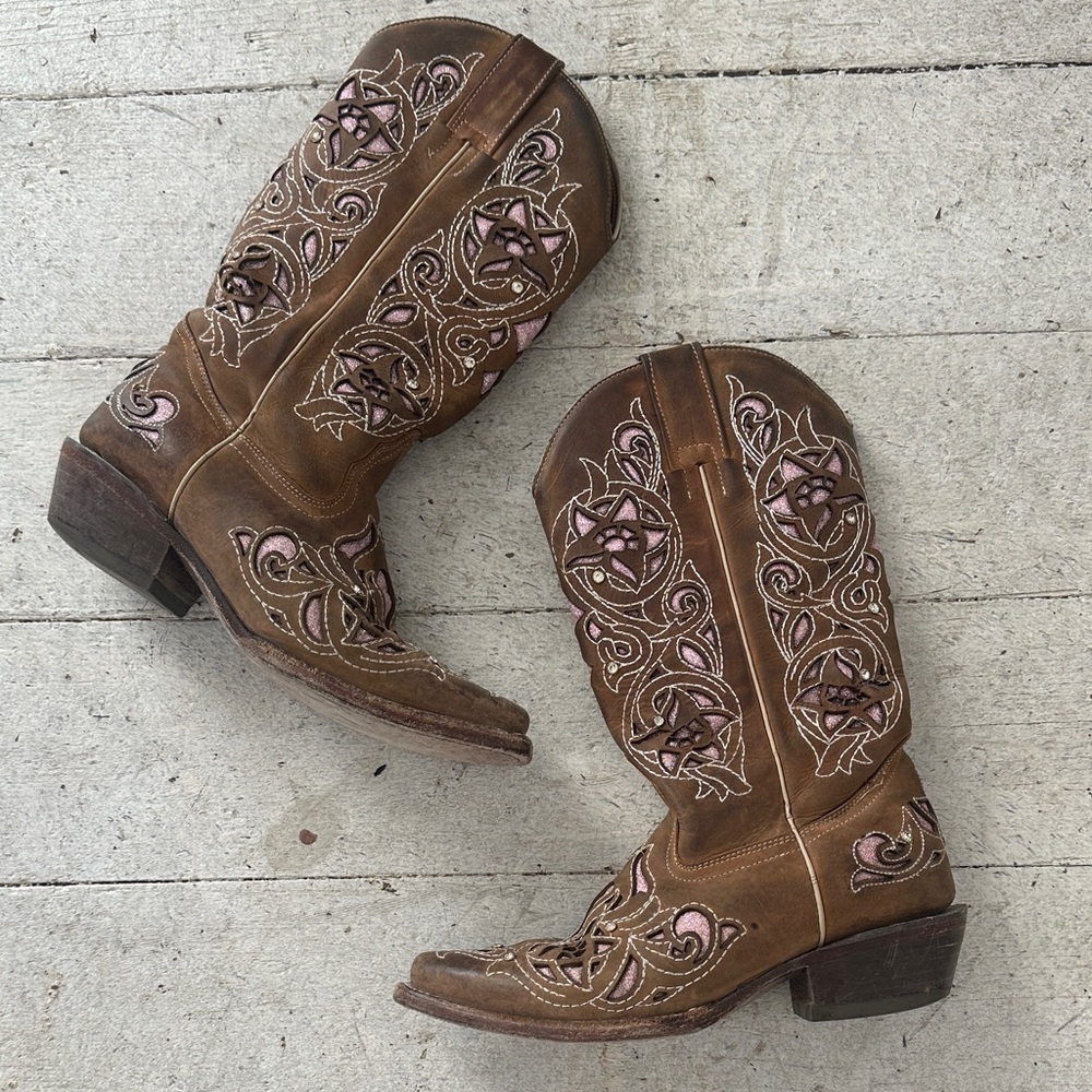 Vintage Genuine Leather Sparkle Laser Cutout Cowboy Western Cowgirl Boot